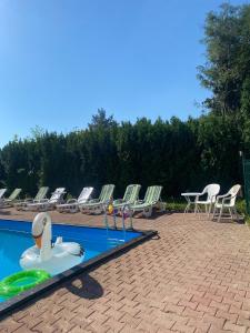 a swimming pool with lounge chairs and a pool toy at Dom lub apartamenty z widokiem na góry Wichrowe Wzgórza z basenem Brenna in Ustroń