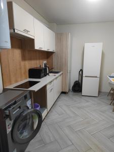 a kitchen with a washing machine and a refrigerator at Zarvanska str apartment in Kamianets-Podilskyi