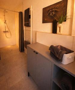 a bathroom with a counter with a sink and a shower at TheKarlchen in Rheda-Wiedenbrück
