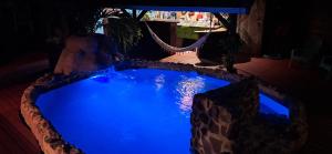 a blue swimming pool in a backyard at night at Pension LE PASSAGE in Vaitoare
