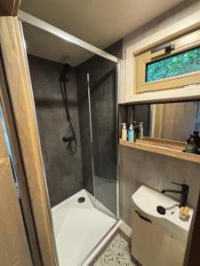 a small bathroom with a shower and a sink at Maringotka Na mezi in Maršovice