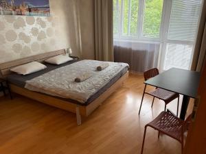 a bedroom with a bed and a table and chairs at KEY Accommodation Pellicova in Brno