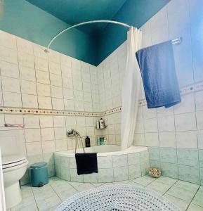a bathroom with a tub and a toilet at Myrto Signature Villa - Aegina in Aegina +15 photos