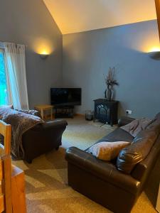a living room with a leather couch and a television at The Wicket Cottage in Burlescombe