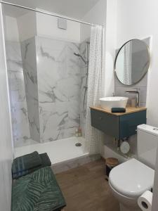 a bathroom with a shower and a toilet and a sink at La Maison de Laulie in Bagnères-de-Bigorre