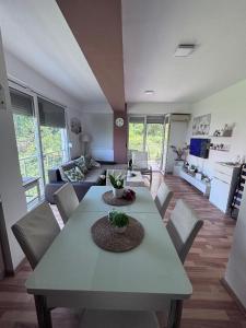 a living room with a table and chairs and a couch at APARTMENT ANA v-Peshtani in Ohrid +10 photos