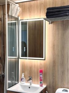 ein Badezimmer mit Waschbecken und Spiegel in der Unterkunft Asemaseutu in Lapinlahti + 13 Fotos