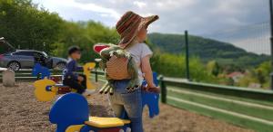a young child is standing on a toy train at Zielone Wzgórza - Centrum Soliny - SPA 695-744-679 in Solina