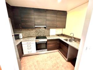 a small kitchen with wooden cabinets and a sink at Perita Apartamentos in Mataró