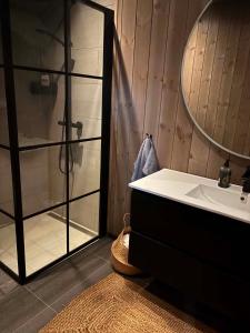 a bathroom with a shower and a sink and a mirror at Harevadet 217 in Volda