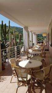 a row of tables and chairs on a balcony with cactus at Hotel la Praia in Zambrone