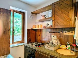 a kitchen with wooden cabinets and a counter top at Tiny home in Camigliatello Silano