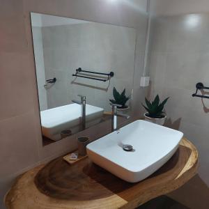 a bathroom with a white sink and a mirror at HillView in Port Mathurin