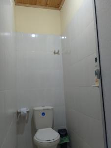 a white bathroom with a toilet and a shower at Brisas de la Bujona in Honda +4 photos
