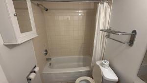 a bathroom with a tub and a toilet and a sink at Midtown Inn Saskatoon in Saskatoon