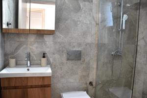a bathroom with a shower and a toilet and a sink at Saonia Apartment in Samothraki +31 photos
