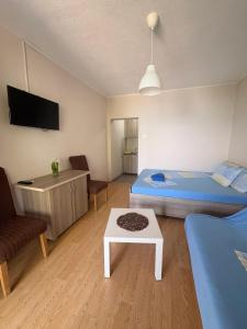 a room with a bed and a table in it at Apartments President in Star Dojran +16 photos