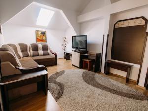 a living room with a couch and a flat screen tv at Complex Turistic Le Baron Vatra Dornei in Vatra Dornei