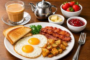 ein Teller Frühstücksspeise mit Eiern, Speck und Toast in der Unterkunft Down Town in Nathia Gali