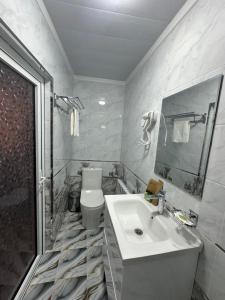 a bathroom with a toilet and a sink and a shower at Jahanshah GuestHouse in Samarkand
