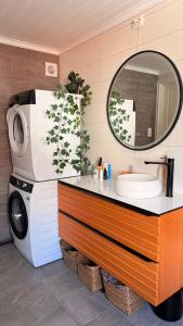 a bathroom with a sink and a washing machine at Asanzo Historic Attic-Traditional Norwegian Home & Warm Indian Hospitality in Stavanger +27 photos