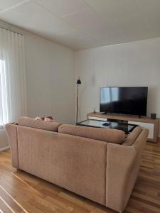 ein Wohnzimmer mit Sofa und Flachbildfernseher in der Unterkunft Bergsbu in Senja