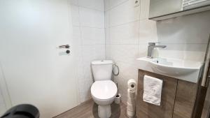 a bathroom with a white toilet and a sink at L'Annexe in Arlon