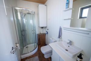 a bathroom with a sink and a shower and a toilet at Grásteinn, guesthouse 2 in Grundarfjordur
