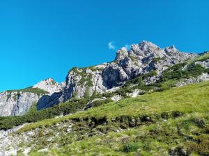 a mountain with green grass and a blue sky at Planinski dom Hermanov Hram in Log pod Mangartom