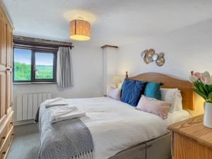 a bedroom with a large bed with blue pillows at Norton Cottage Hawkridge in Dulverton