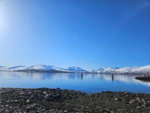 a body of water with snow covered mountains in the background at Cozy House in Tromsø - Near City Center, Ideal for Families & Groups in Tromsø