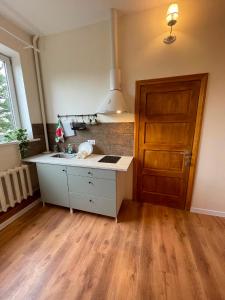 a kitchen with a sink and a wooden floor at K14 Stay 3 in Riga