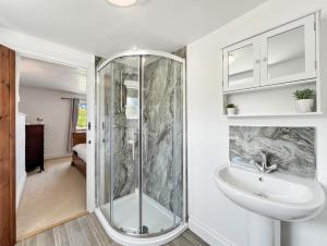 a bathroom with a shower and a sink at Wingate Farm Countisbury in Countisbury +32 photos