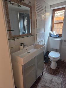 a bathroom with a sink and a toilet at Ferienwohnung Saskia in Hammelburg
