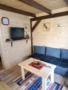 a living room with a blue couch and a table at Stevanova brvnara in Zlatibor