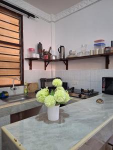 a kitchen with a vase of green flowers on a counter at holm's home studio in Diani Beach