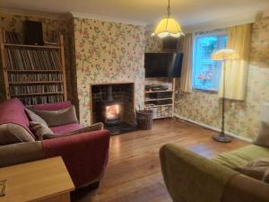 a living room with two couches and a fireplace at Character Cottage in Wallingford in Wallingford
