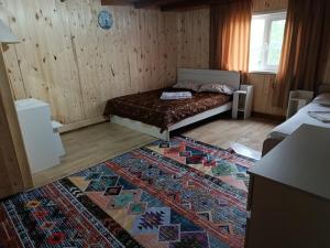 a small room with a bed and a rug at Синие домики in Borovoye +10 photos