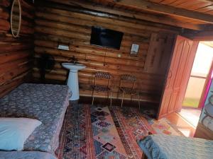 a bedroom with a bed and a tv on a wall at Синие домики in Borovoye