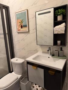 a bathroom with a sink and a toilet and a mirror at F&F Villa in Tema