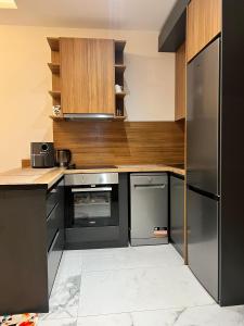 a kitchen with stainless steel appliances and wooden cabinets at Dreams house elia in Budva