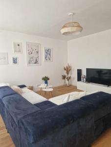 a living room with a blue couch and a flat screen tv at Suite privée charentaise in Romegoux