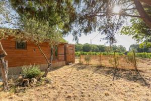une cabane en bois avec une clôture et un arbre dans l'établissement cabane des vignes, à Cotignac