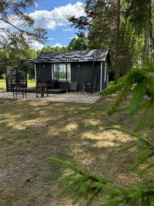 a cabin in the woods with a picnic table in the yard at Pussala Latgalē in Ezerukiņi