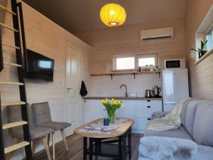 eine Küche und ein Wohnzimmer mit Sofa und Tisch in der Unterkunft Kuusekoda in Käina