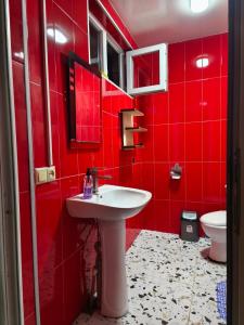 a red bathroom with a sink and a toilet at Cozy home in Zugdidi