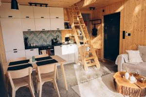 a kitchen and living room with a ladder in a tiny house at Strefa ciszy Lubomin in Lubomin +25 photos