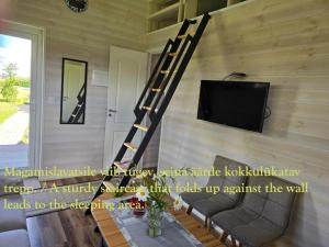 ein Wohnzimmer mit Fernseher und Holzwand in der Unterkunft Kuusekoda in Käina