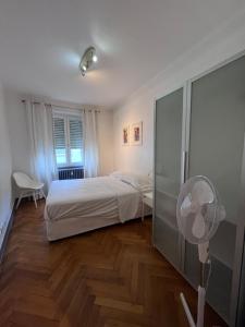 a bedroom with a white bed and a fan at Appartement Strasbourg Cathédrale in Strasbourg