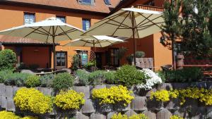 a garden with tables and umbrellas and flowers at Haus zur Waldbrücke in Marktheidenfeld